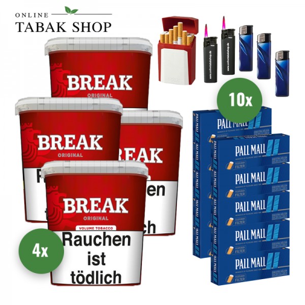 Break Original Volumentabak (4 x 195g) + 2.000 Pall Mall Blue Xtra Hülsen + 3 Feuerzeuge + 2 Sturmfeuerzeuge + 1 Gizeh Etui