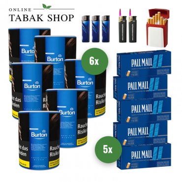 Burton Blue Zigaretten Tabak (6 x 120g) + 1.000 Pall Mall Blue Xtra Hülsen + 3 Feuerzeuge + 2 Sturmfeuerzeuge +1 GIZEH Etui