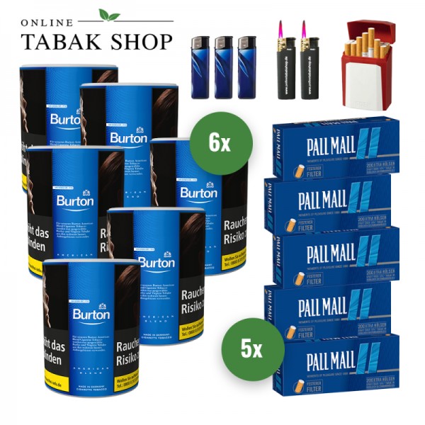 Burton Blue Zigaretten Tabak (6 x 120g) + 1.000 Pall Mall Blue Xtra Hülsen + 3 Feuerzeuge + 2 Sturmfeuerzeuge +1 GIZEH Etui