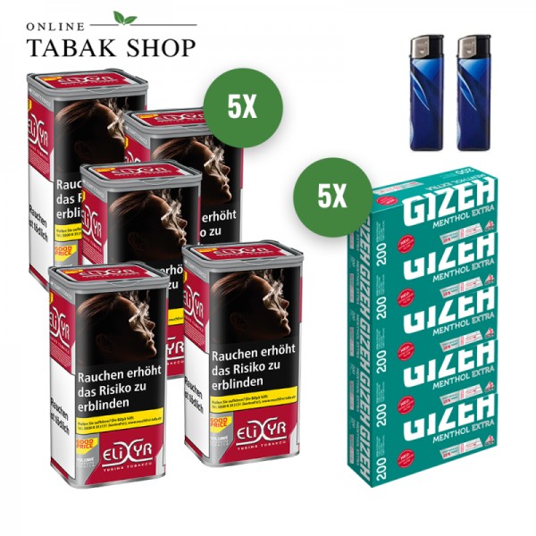 Elixyr Volume Tabak (5 x 100g) + 1.000 Gizeh Menthol Extra Hülsen + 2 Feuerzeuge
