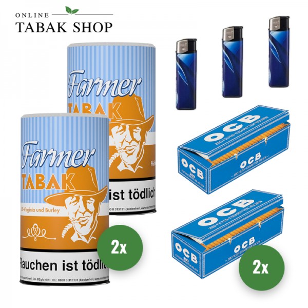 Farmer Tabak / Pfeifentabak Dose (2x 160g), 400 OCB Hülsen, 3x Feuerzeuge