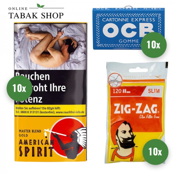 American Spirit Tabak (10 x 30g, wählbar!)+OCB Blau Blättchen m. Gummizug (10 x 100er)+Zig Zag 6mm Slim Filter Tips (10 x 120er)