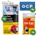 American Spirit Tabak (10 x 30g, wählbar!)+OCB Blau Blättchen m. Gummizug (10 x 100er)+Zig Zag 6mm Slim Filter Tips (10 x 120er)