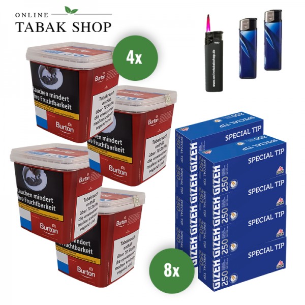 BURTON Full Red (4 x 400g) + 2.000 GIZEH Special Tip Hülsen + 1 Sturmfeuerzeug + 2 Feuerzeuge