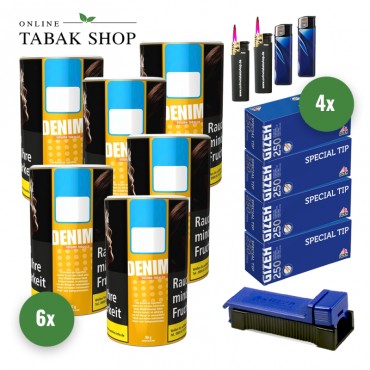 Denim Volumentabak (6 x 90g) + 1.000 Gizeh Special Tip Hülsen + 2 Sturmfeuerzeuge + 2 Feuerzeuge + 1 Angel Stopfer