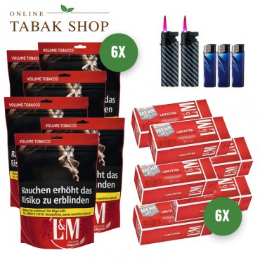 L&M Volumen Tabak Red Rot XL Beutel (6 x 85g) + 1.500 L&M Red Extra Hülsen + 3 Feuerzeuge + 2 Sturmfeuerzeuge