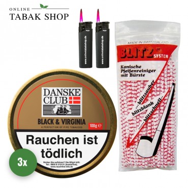 Danske Club Black & Virginia Pfeifentabak (3 x 100g) + 80 Blitz Pfeifenreiniger + 2 Sturmfeuerzeuge
