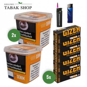 Denim Giga Box (2 x 330g) + 1.000 Gizeh Full Flavor Extra Hülsen + 1 Sturmfeuerzeug + 1 Feuerzeug