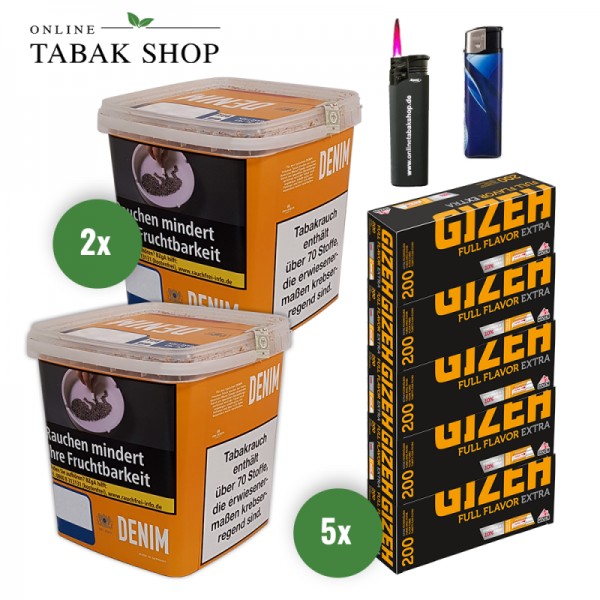 Denim Giga Box (2 x 330g) + 1.000 Gizeh Full Flavor Extra Hülsen + 1 Sturmfeuerzeug + 1 Feuerzeug