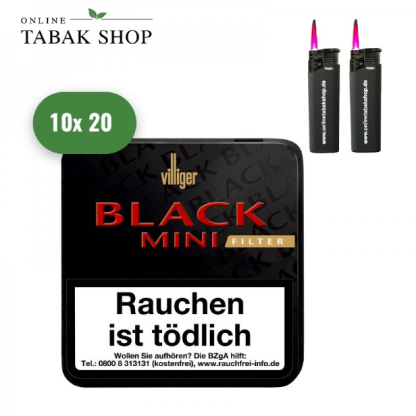 VILLIGER "Black" Mini Filter Zigarillos (10 x 20er) + 2 OTS Sturmfeuerzeuge