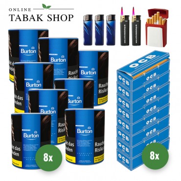 Burton Blue Zigaretten Tabak (8 x 120g) + 1.600 OCB Hülsen + 3 Feuerzeuge + 2 Sturmfeuerzeuge + 1 GIZEH Etui