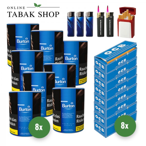 Burton Blue Zigaretten Tabak (8 x 120g) + 1.600 OCB Hülsen + 3 Feuerzeuge + 2 Sturmfeuerzeuge + 1 GIZEH Etui