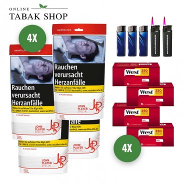 JPS Rot / Red Volumen Tabak Beutel (4 x 80g) + 1.000 West Red Extra Hülsen + 3 Feuerzeuge + 2 Sturmfeuerzeuge