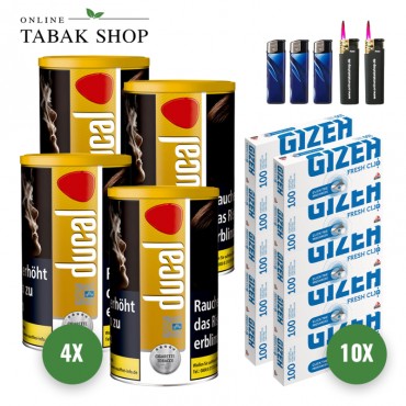 Ducal Gold Tabak (4 x 168g) + 1.000 Gizeh Fresh CliQ Hülsen + 3 Feuerzeuge + 2 Sturmfeuerzeuge