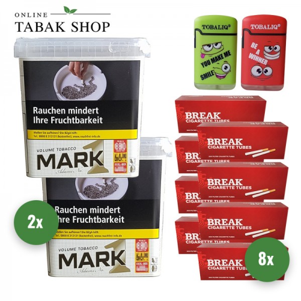 Mark Adams No.1 Gold Volumentabak (2 x 400g) + 1.600 Hülsen (Auswahl beachten) + 2 TobaliQ Happy Smile Motiv Feuerzeuge