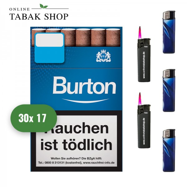 Burton White / Blue Blau Filterzigarillos (30x 17er) + 3 Feuerzeuge + 2 Sturmfeuerzeuge