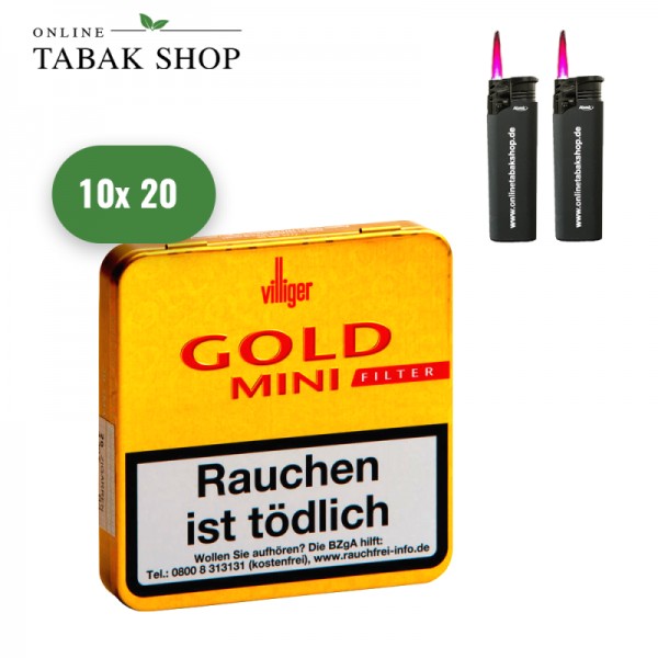 VILLIGER "Gold" Mini Filter Zigarillos (10 x 20er) + 2 OTS Sturmfeuerzeuge
