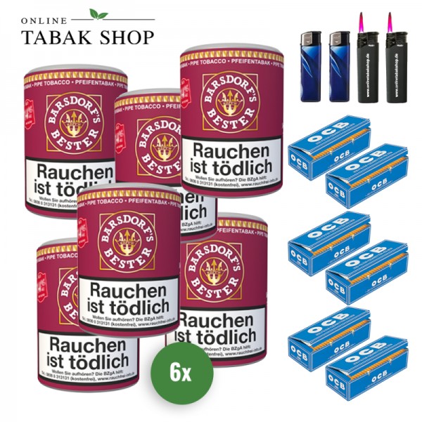 Barsdorf's Bester Cherry Red (6 x 160g) + 1.200 OCB Blau Filterhülsen + 2 Sturmfeuerzeuge + 2 Feuerzeuge