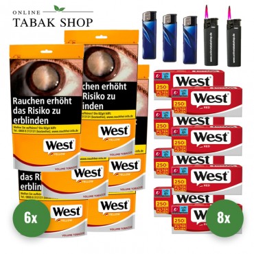 West Yellow Fairwind Volumen Tabak (6 x 155g) + 2.000 West Red Extra Hülsen + 3 Feuerzeuge + 2 Sturmfeuerzeuge