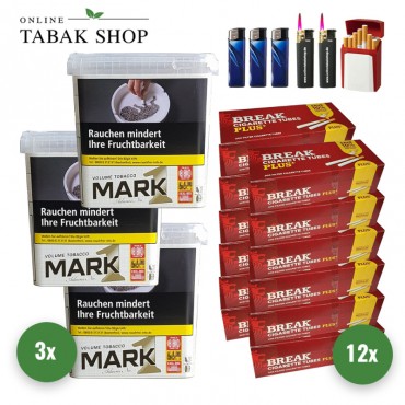 Mark Adams 1 Gold Volumen Tabak (3 x 400g) + 2.400 Break PLUS Hülsen + 2 Sturmfeuerzeug + 3 Feuerzeuge + 1 Gizeh Etui