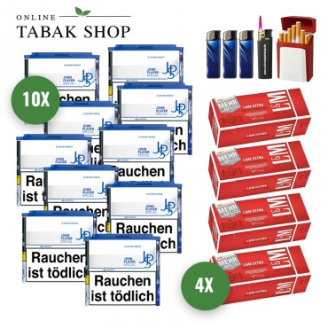 JPS Blue XL Volumentabak (10 x 36g) + 1.000 L&M Rot Extra Hülsen + 1 Sturmfeuerzeug + 3 Feuerzeuge + 1 Gizeh Etui