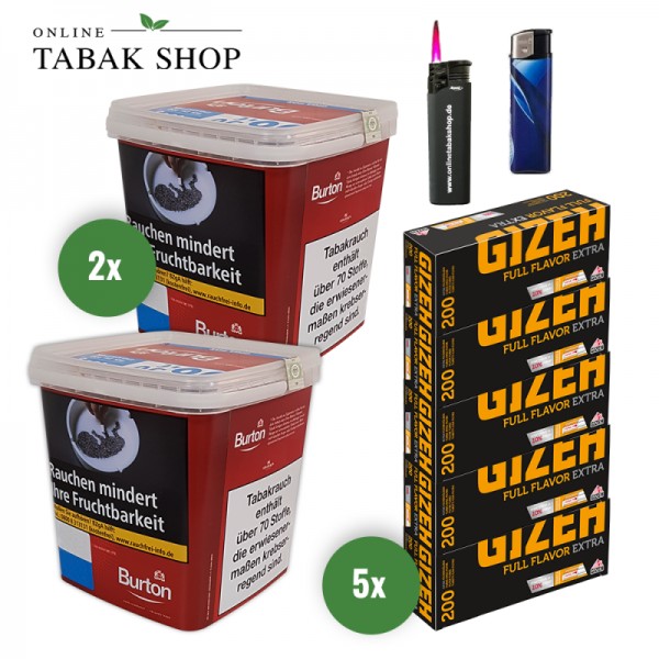 Burton Volumentabak Red (2 x 400g) + 1.000 Gizeh Full Flavor Extra Hülsen + 1 Sturmfeuerzeug + 1 Feuerzeug
