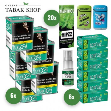 Elixyr Plus Tabak (6 x 102g) + Energy+ Hülsen (6 x 110er) + 2 Motiv Feuerzeuge + 1 Menthol Kick Spray + 20 Hipzz Menthol Karten