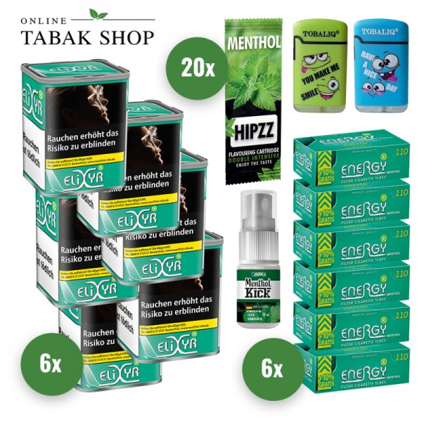 Elixyr Plus Tabak (6 x 102g) + Energy+ Hülsen (6 x 110er) + 2 Motiv Feuerzeuge + 1 Menthol Kick Spray + 20 Hipzz Menthol Karten
