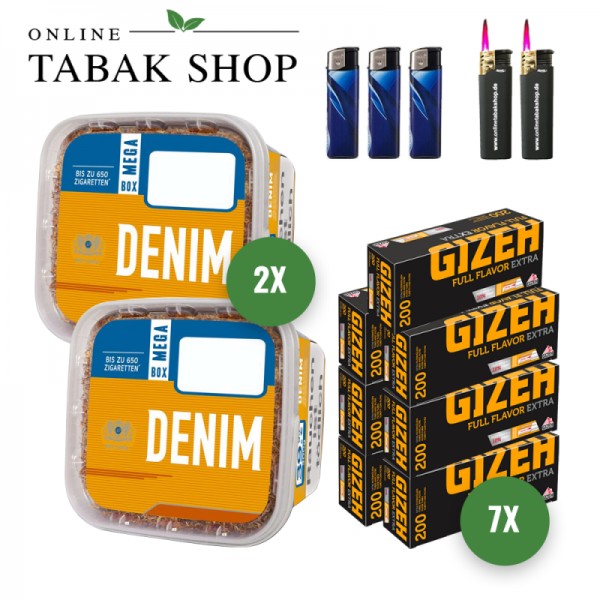 Denim Volumentabak (2 x 220g) + 1.400 GIZEH Full Flavor Extra Hülsen + 3 Feuerzeuge + 2 Sturmfeuerzeuge