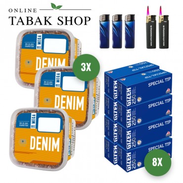 Denim Volumentabak (3 x 220g) + 2.000 GIZEH Special Tip Hülsen + 3 Feuerzeuge + 2 Sturmfeuerzeuge