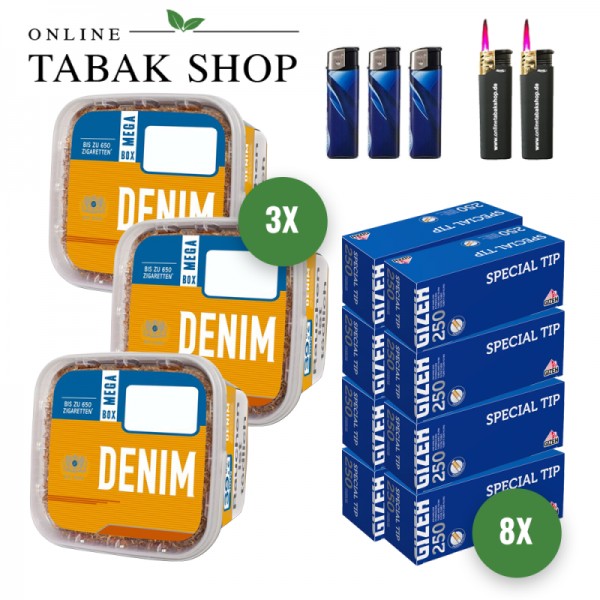 Denim Volumentabak (3 x 220g) + 2.000 GIZEH Special Tip Hülsen + 3 Feuerzeuge + 2 Sturmfeuerzeuge