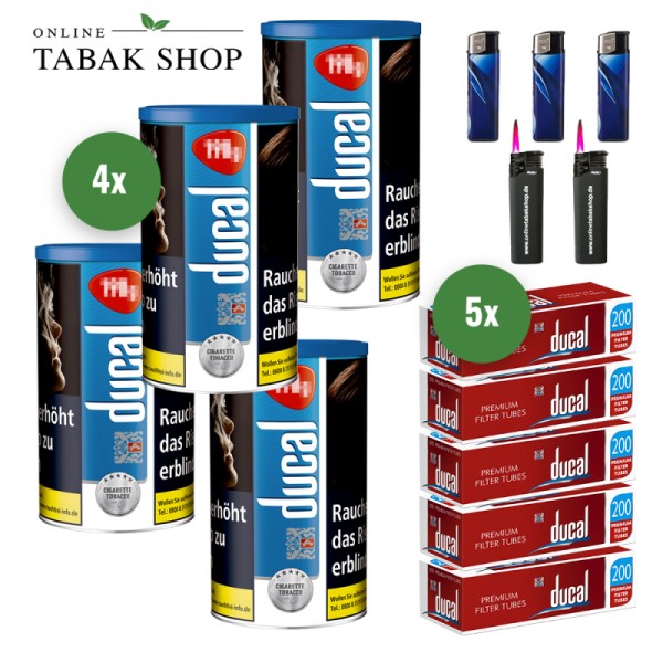 DUCAL Blue Tabak (4 x 168g) + 1.000 Ducal Hülsen + 3 Feuerzeuge + 2 Sturmfeuerzeuge