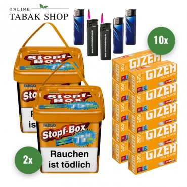 Fargo Volumen Stopf Box Eimer XXXL orange (2 x 420g) + 2.000 GIZEH Gelb Full Flavor Hülsen + 3 Feuerzeuge + 2 Sturmfeuerzeuge