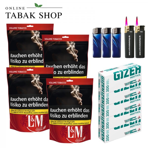 L&M Volumen Tabak Red XL (4 x 85g) + 1.000 Gizeh Menthol Hülsen + 3 Feuerzeuge + 2 Sturmfeuerzeuge
