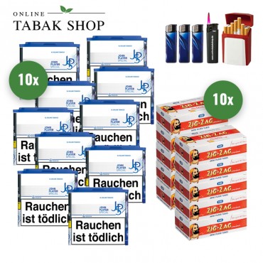 JPS Blue XL Volumentabak (10 x 36g) + 1.000 Zig-Zag Mini Hülsen + 1 Sturmfeuerzeug + 3 Feuerzeuge + 1 Gizeh Etui