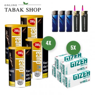 Ducal Gold Tabak (4 x 168g) + 1.000 GIZEH Menthol Hülsen + 3 Feuerzeuge + 2 Sturmfeuerzeuge