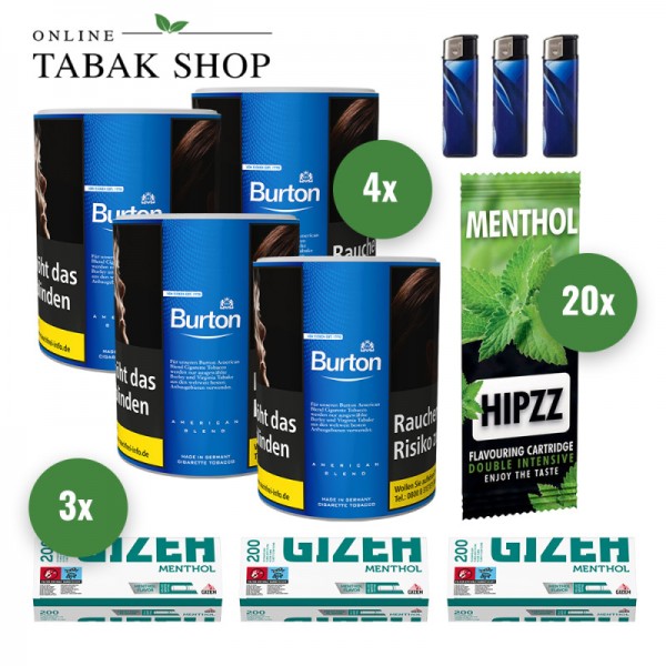 Burton Blue Tabak (4 x 120g) + 600 GIZEH Menthol Hülsen + 3 Feuerzeuge + 20 Hipzz Menthol Karten