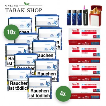 JPS Blue XL Volumentabak (10 x 36g) + 1.000 Winston Extra Hülsen + 1 Sturmfeuerzeug + 3 Feuerzeuge + 1 Gizeh Etui