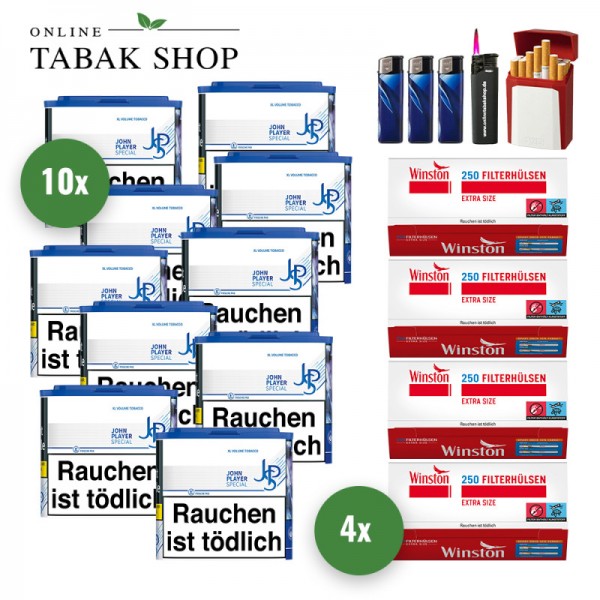 JPS Blue XL Volumentabak (10 x 36g) + 1.000 Winston Extra Hülsen + 1 Sturmfeuerzeug + 3 Feuerzeuge + 1 Gizeh Etui