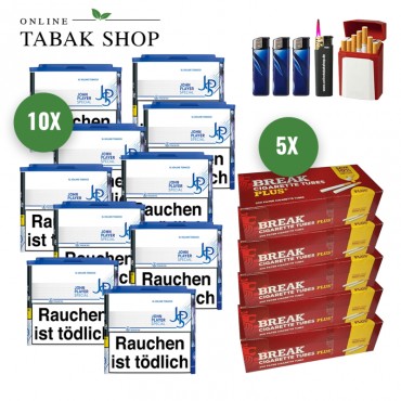 JPS Blue XL Volumentabak (10 x 36g) + 1.000 Break Plus Hülsen + 1 Sturmfeuerzeug + 3 Feuerzeuge + 1 Gizeh Etui