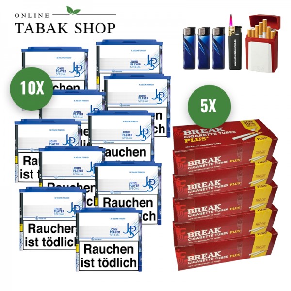 JPS Blue XL Volumentabak (10 x 36g) + 1.000 Break Plus Hülsen + 1 Sturmfeuerzeug + 3 Feuerzeuge + 1 Gizeh Etui