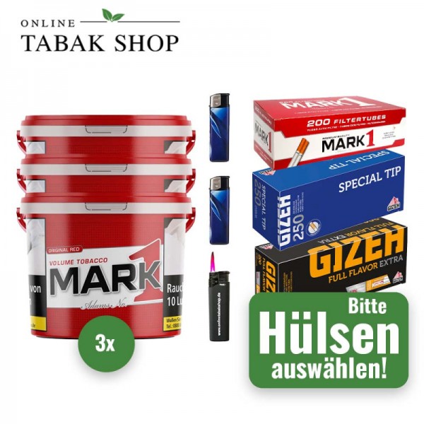 Mark 1 Tabak (3 x 190g) + 1.000 Hülsen (wählbar) + 2 Feuerzeuge + 1 Sturmfeuerzeug
