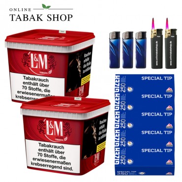 L&M Red Volumen Tabak Super Box (2 x 185g) + 1.250 Gizeh Special Tip Hülsen + 3 Feuerzeuge + 2 Sturmfeuerzeuge