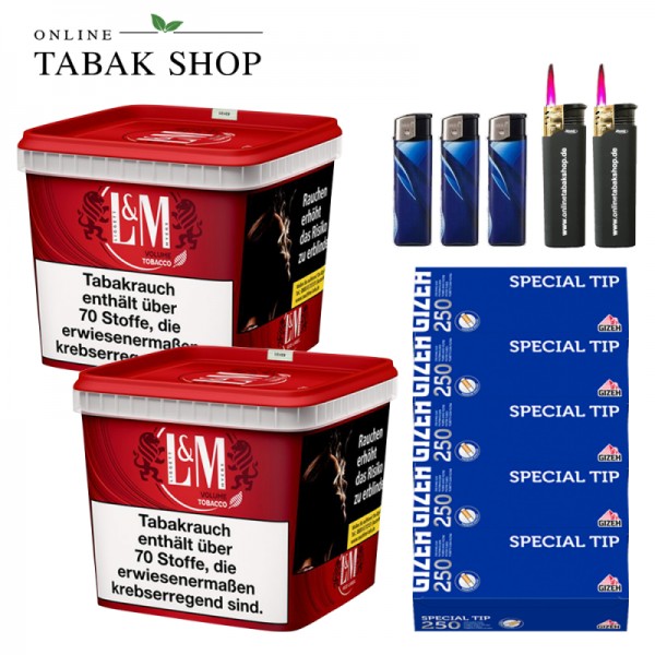 L&M Red Volumen Tabak Super Box (2 x 185g) + 1.250 Gizeh Special Tip Hülsen + 3 Feuerzeuge + 2 Sturmfeuerzeuge