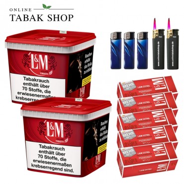 L&M Red Volumen Tabak Super Box (2 x 185g) + 1.250 L&M Red Extra Hülsen + 3 Feuerzeuge + 2 Sturmfeuerzeuge