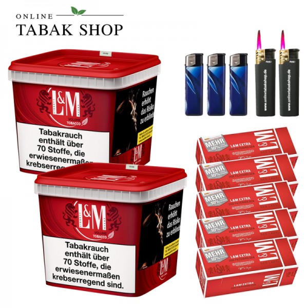 L&M Red Volumen Tabak Super Box (2 x 185g) + 1.250 L&M Red Extra Hülsen + 3 Feuerzeuge + 2 Sturmfeuerzeuge