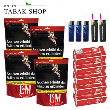 L&M Volumen Tabak Red XL (4 x 85g) + 1.000 L&M Rot Extra Hülsen + 3 Feuerzeuge + 2 Sturmfeuerzeuge