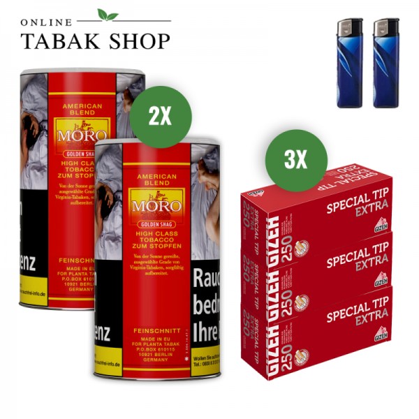 Moro Rot/Golden Shag (2 x 130g) + 750 GIZEH Special Tip EXTRA Hülsen + 2 Feuerzeuge