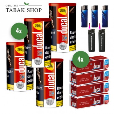 Ducal Rot / Red Tabak (4x 168g), 1000x Ducal Hülsen, 3x Feuerzeuge und 2x Sturmfeuerzeuge