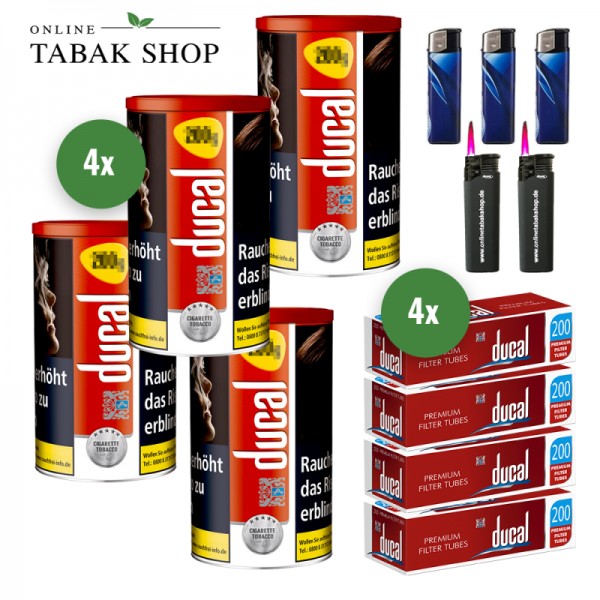 Ducal Rot / Red Tabak (4x 168g), 1000x Ducal Hülsen, 3x Feuerzeuge und 2x Sturmfeuerzeuge